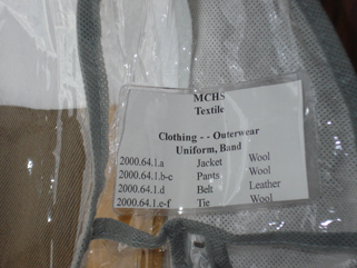 When putting items away, we have to match up the accession number on the item with its storage container. This is the garment bag for the uniform jacket in the picture above. January 20, 2010. When putting items away, we have to match up the accession number on the item with its storage container. This is the garment bag for the uniform jacket in the picture above. January 20, 2010.