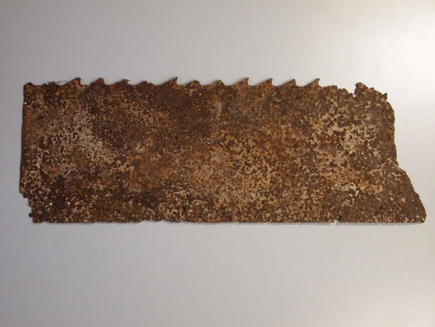Ice saw found in the Mississippi River in Morrison County by Jim Lang. Photo by Ann Marie Johnson for the Morrison County Historical Society, 2013.