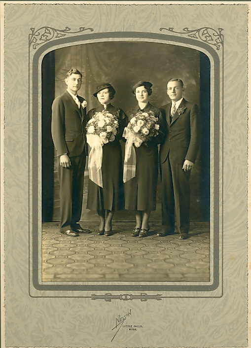 Wedding photo, MCHS Ed Lesmeister & Angeline Warzecha on left, unidentified couple on right.